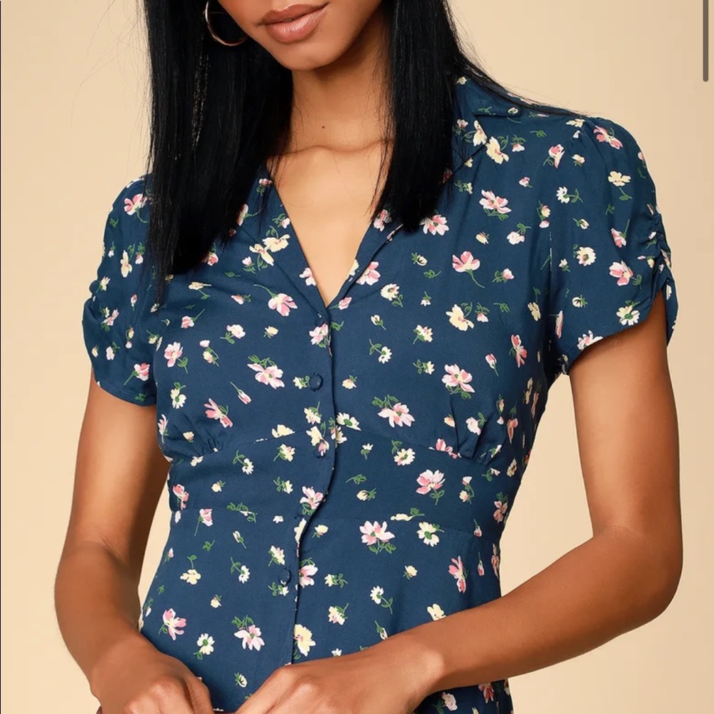 Lulus Navy Blue floral print top button-up top